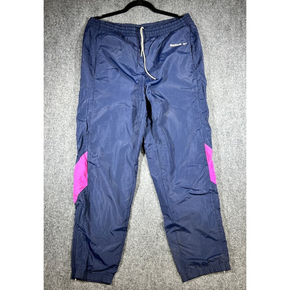 Vintage 90s Baggy Reebok Nylon Track Pants Navy Pink Windbreaker Joggers